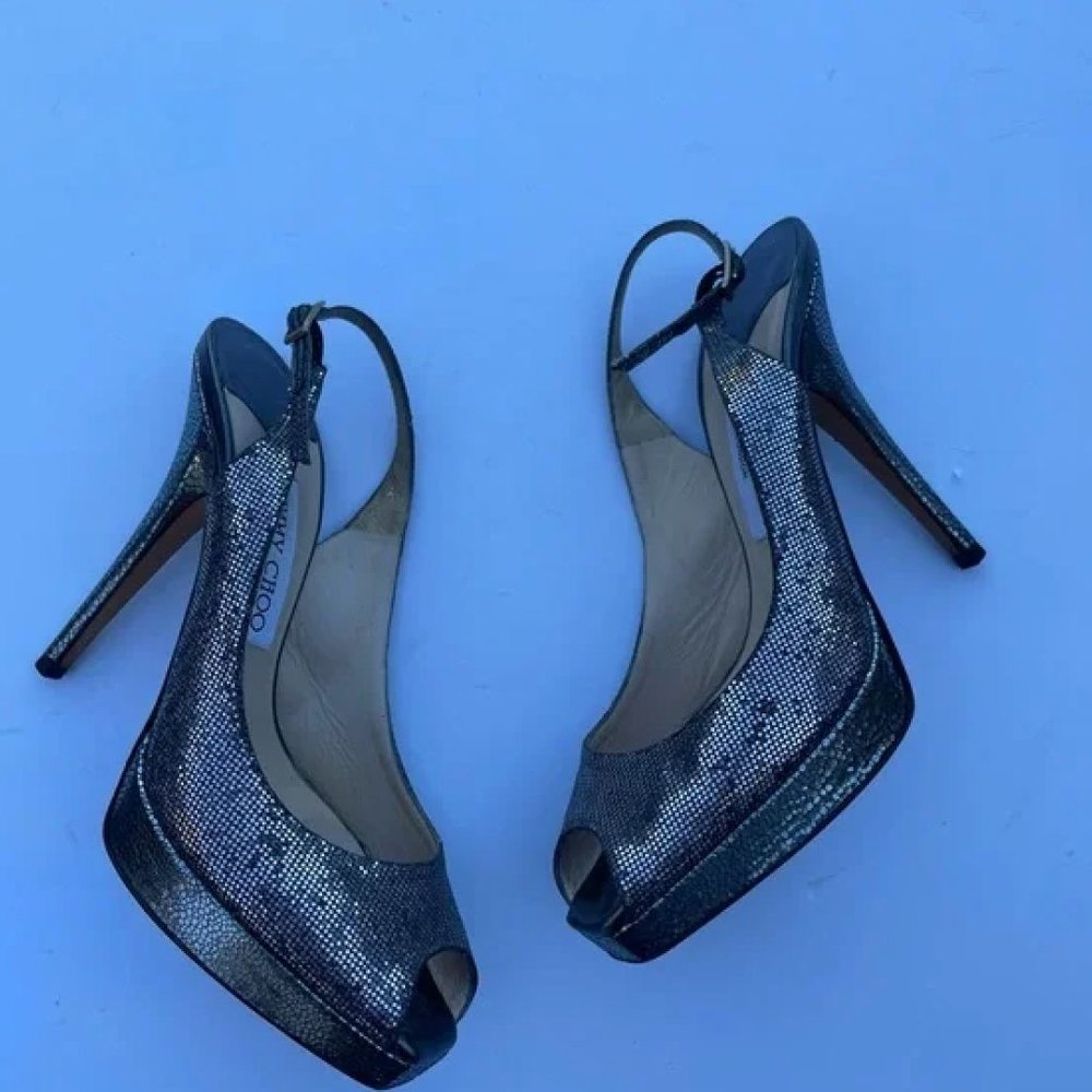 Jimmy Choo Silver Metallic Nova Glitter Slingback Pumps Heels